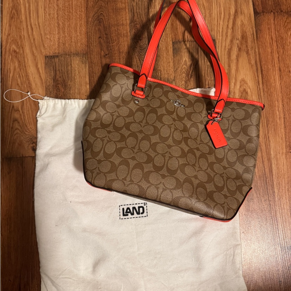 COACH Signature Logo Zip Tote Khaki Tan Canvas Orange Leather Straps